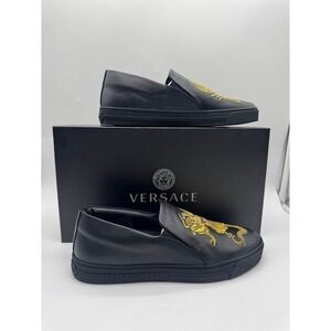 Versace Dragon Slip On Sneakers Black Gold Leather Mens US 7.5 EU 39.5 New Box